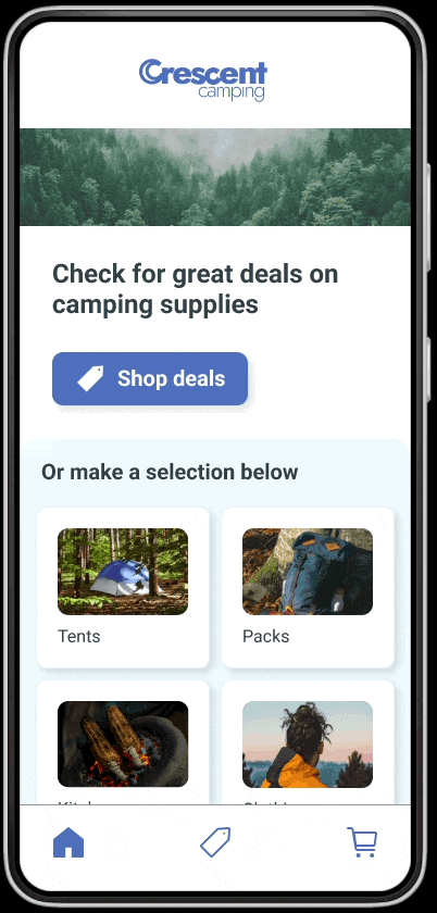 Prototype of Crescent Camping mobile app showing a shopping experience for the user through checkout.