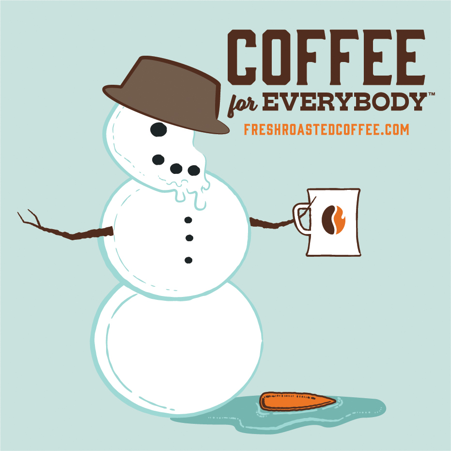 A snowman with a half-melted face holding a cup of coffee.